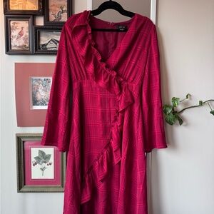 Lucky Brand Raspberry Ruffled Wrap-Style Long Sleeve Dress
